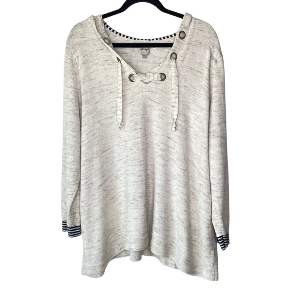 NIC + ZOE Cream Heathered Lace Up Neckline Cotton Blend Pullover Hoodie Size 2X